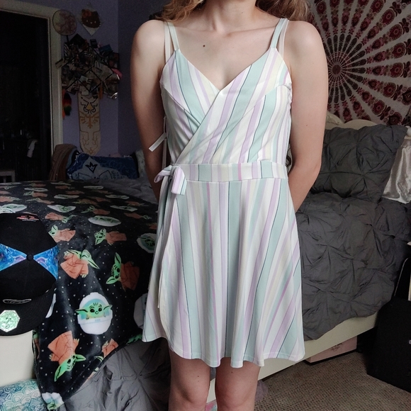 Pastel Wrap Front Striped Romper - Picture 2 of 7